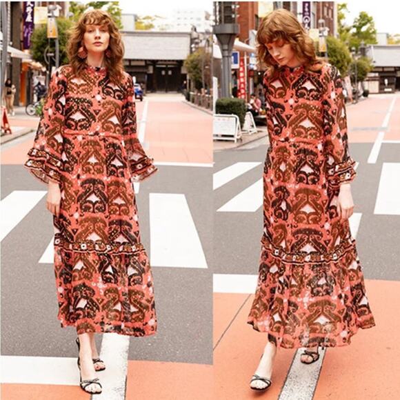 NWT Oliphant Tuckernuck Mock Neck Ruffle Sleeve Maxi Dress in Uzbek Brick XXS - Picture 6 of 8